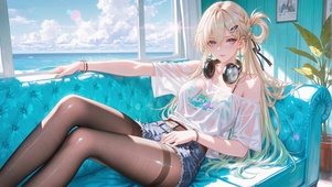窗边海景休闲少女琳奈