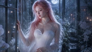 雨夜窗边粉发温柔美少女