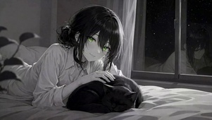 静夜卧室黑猫与少女蕾塞