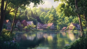 夏日森林湖中小镇建筑