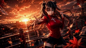 夕阳红叶下的二次元美少女