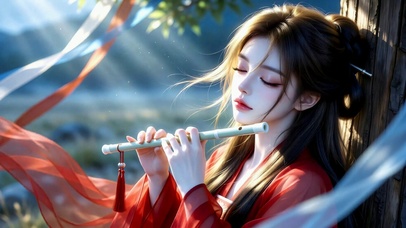 红衣古风美女林间吹笛