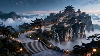云雾古风瀑布山景