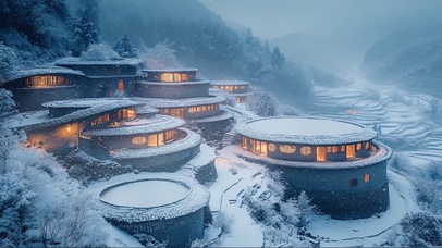 冬日积雪山谷村落