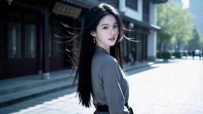 古镇街道上闲逛的长发美女1
