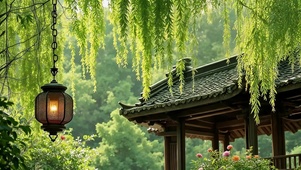 碧绿柳树垂落
