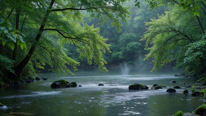 烟雨绿意林间溪流