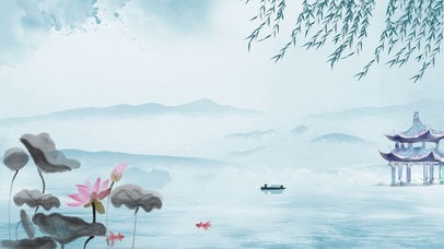 山水水墨国风主题湖边细柳风景