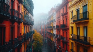 雨天迷雾彩色建筑街道