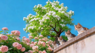 鲜花墙头猫咪