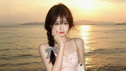 晚霞海边女孩