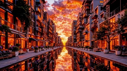 火烧云城市水道唯美风景