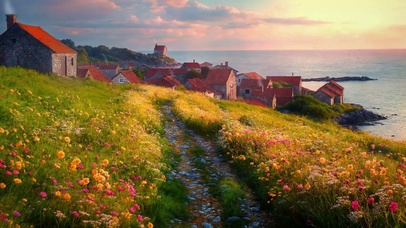 唯美傍晚海边花草小镇