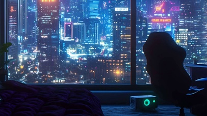 夜景城市科幻房间带鱼屏