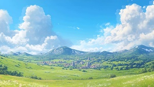 护眼蓝天白云树木草地带鱼屏