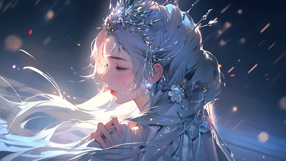 古风二次元银饰银发少女侧影插画