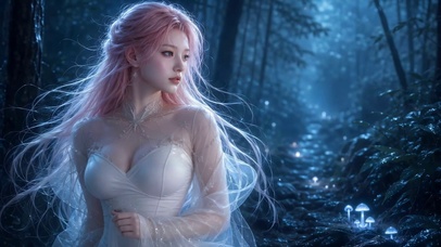 幽林梦幻粉发白裙美女