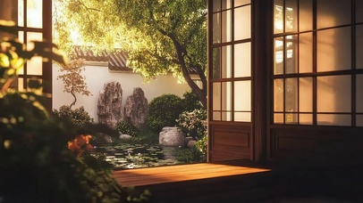 园林午后阳光庭院窗台