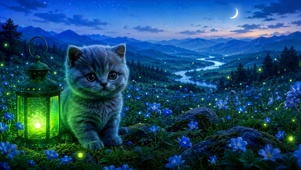 月夜蓝花萤火萌猫