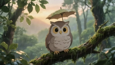 静谧雨天森林猫头鹰