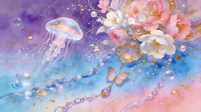 深海水母伴牡丹珠链轻绕粉蝶
