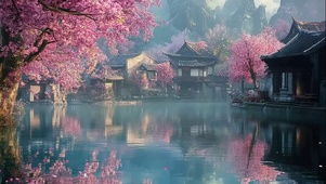 粉樱湖畔山水古城建筑