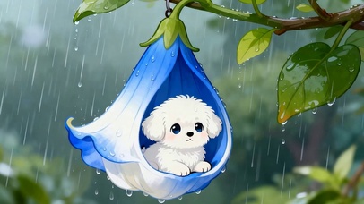 雨天喇叭花下小狗