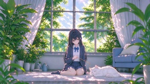 日漫治愈系少女逗猫