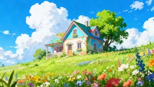 白云花草树木房屋