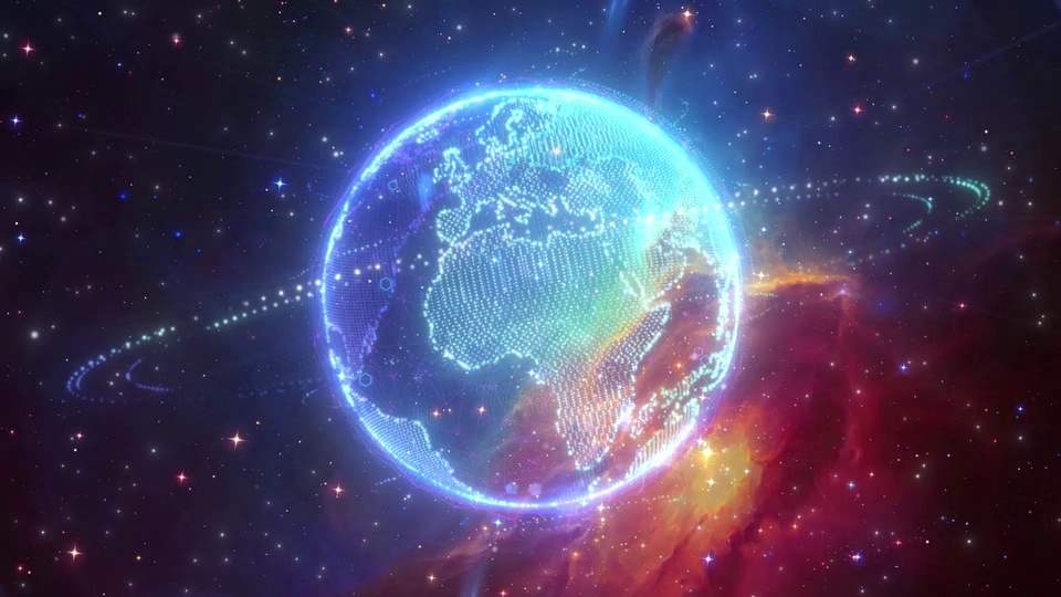霓虹渐变全息地球悬浮在布满星点的深空星云之中。