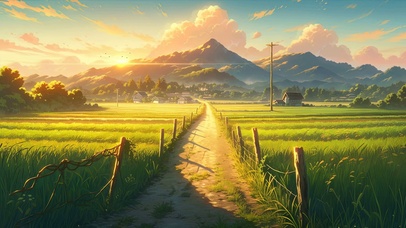 夕阳树木房屋绿景