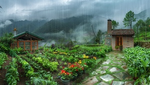 清新雨中农家小院