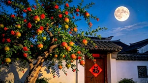 月夜古院石榴树