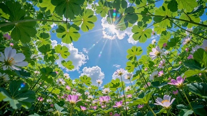 晴空下的仰拍清新花海