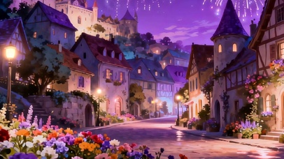 夜景城堡花草树木双屏