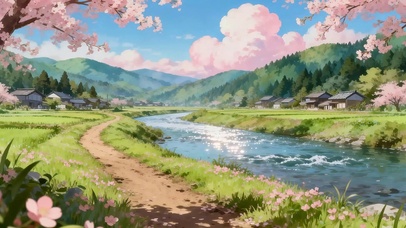 唯美治愈樱花树木房屋河流