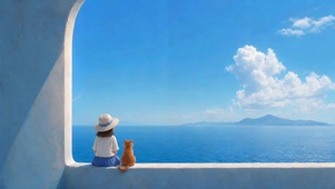 女孩和小猫一起看海