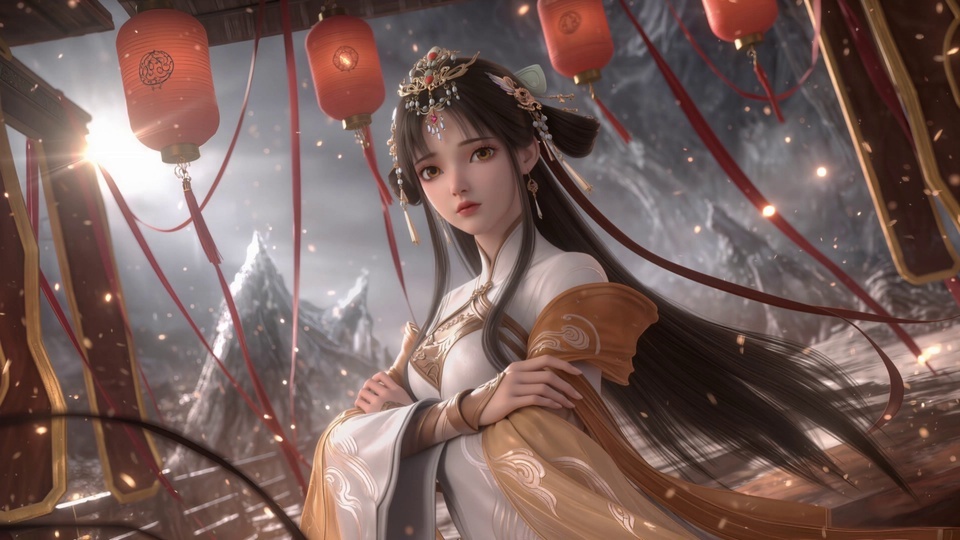古风白衣女子立于飘着金火碎屑的雪景中，身旁悬挂红灯笼与红飘带。