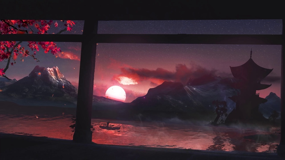 深色窗棂框住的红枫落日山水夜景，水面映着橙红霞光。