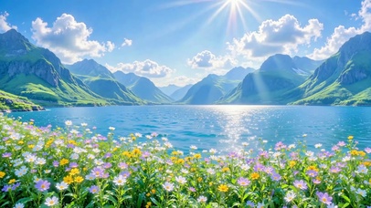 阳光下的山湖花海