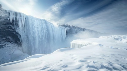 蓝天阳光冰封瀑布