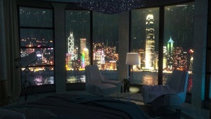 舒适的卧室 城市雨景