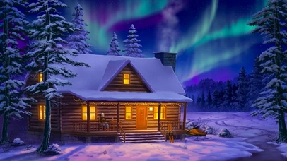冬日极光夜晚木屋