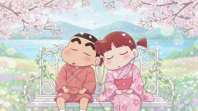樱花树下的小新和妮妮