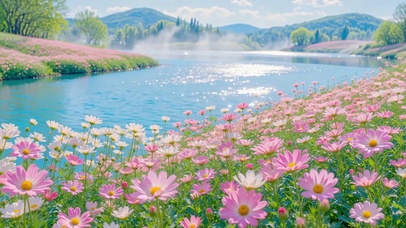 护眼湖岸远山花海