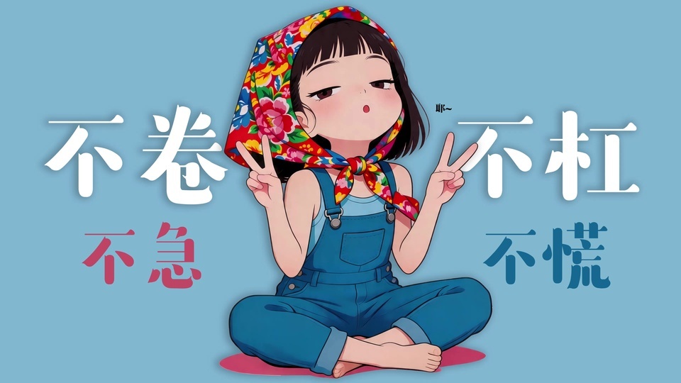 浅蓝背景中盘腿坐的花头巾Q版女孩，两侧配有不卷不急不杠不慌文字