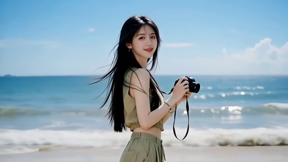 海边拍照的清纯美女