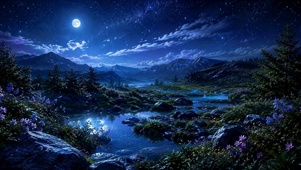 静谧月夜星空山谷风景