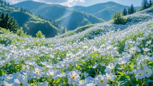 山间阳光白色花海风景