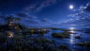 浪漫月夜星空河畔夜景